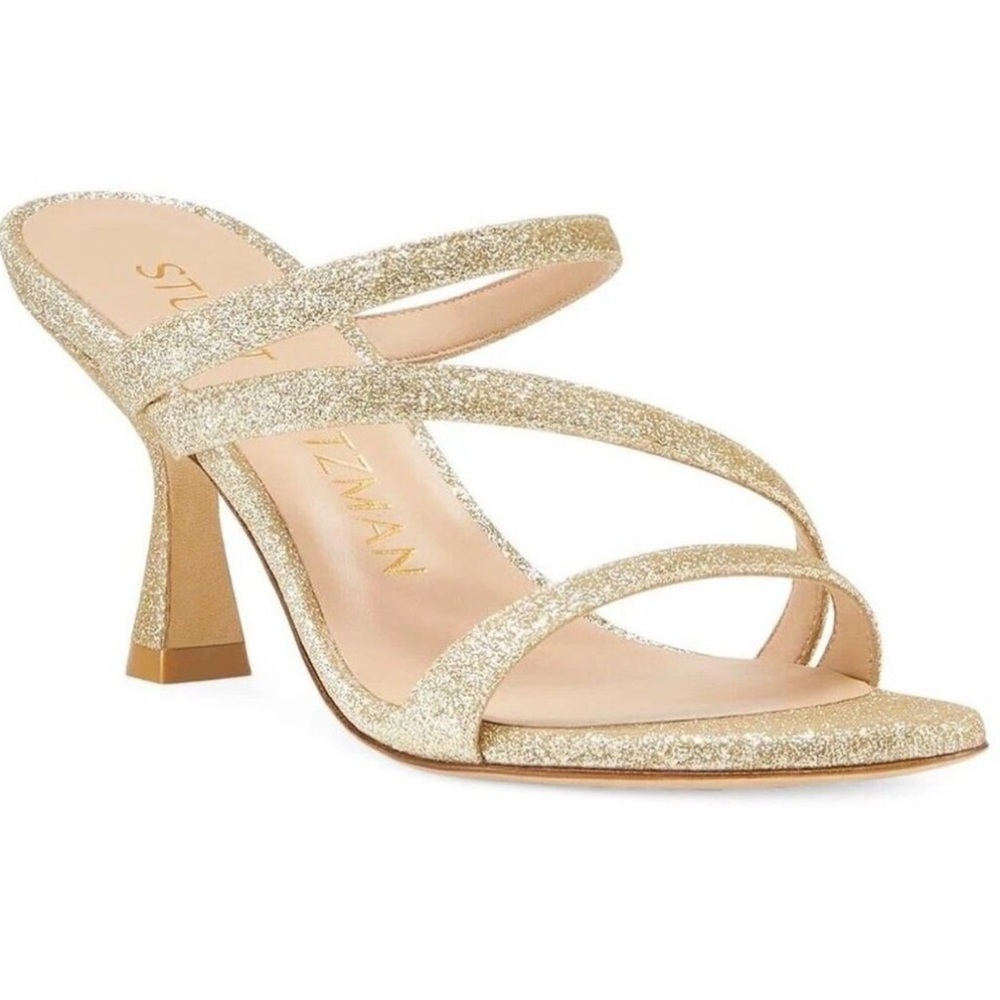 STUART WEITZMAN PATRON GLITTER GOLD STRAPPY SLIDE SANDAL CURVE HEEL